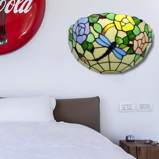 Colorful Bowl Wall Light with Flower and Butterfly Rustic Tiffany Stained Glass Wall Sconce for Balcony Clearhalo 'Industrial' 'Middle century wall lights' 'Tiffany wall lights' 'Tiffany' 'Wall Lamps & Sconces' 'Wall Lights' Lighting' 179850