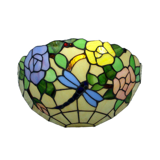Colorful Bowl Wall Light with Flower and Butterfly Rustic Tiffany Stained Glass Wall Sconce for Balcony Clearhalo 'Industrial' 'Middle century wall lights' 'Tiffany wall lights' 'Tiffany' 'Wall Lamps & Sconces' 'Wall Lights' Lighting' 179851