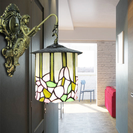 Cylinder Sconce Lighting Tiffany Beige Glass 1 Head Hallway Wall Mounted Light with Flower Pattern Beige Clearhalo 'Industrial' 'Middle century wall lights' 'Tiffany wall lights' 'Tiffany' 'Wall Lamps & Sconces' 'Wall Lights' Lighting' 179853