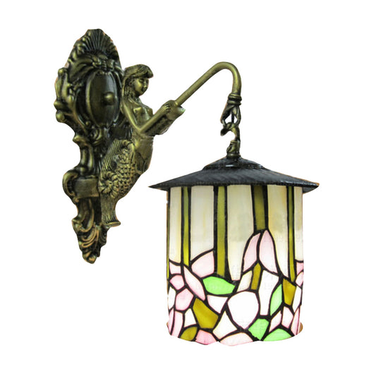 Cylinder Sconce Lighting Tiffany Beige Glass 1 Head Hallway Wall Mounted Light with Flower Pattern Clearhalo 'Industrial' 'Middle century wall lights' 'Tiffany wall lights' 'Tiffany' 'Wall Lamps & Sconces' 'Wall Lights' Lighting' 179855