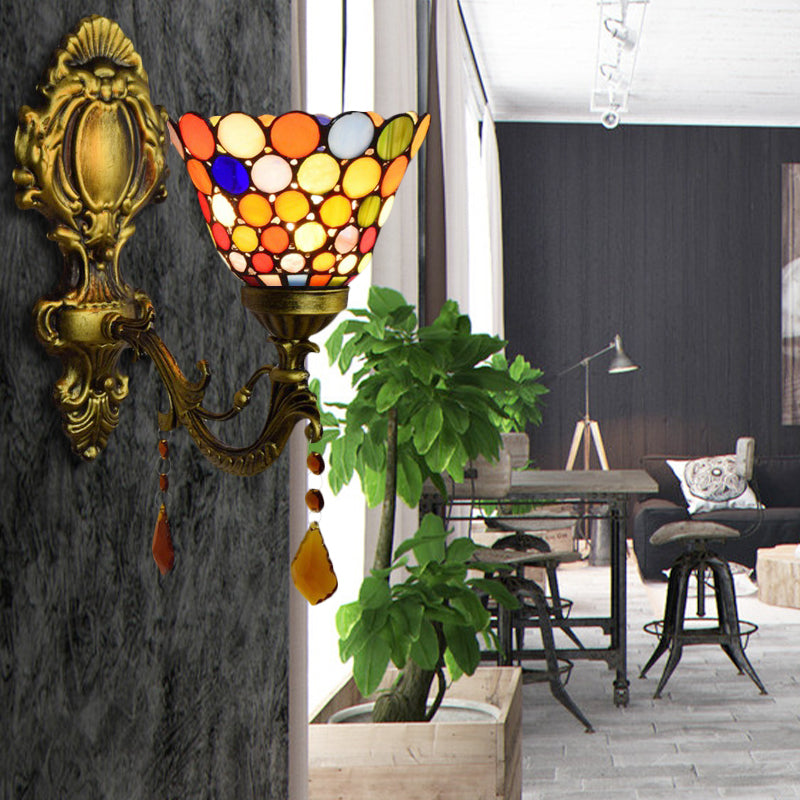 Glass Dot Bell Wall Light with Agate 1 Head Tiffany Moroccan Wall Sconce in Antique Brass for Stair Antique Brass Clearhalo 'Industrial' 'Middle century wall lights' 'Tiffany wall lights' 'Tiffany' 'Wall Lamps & Sconces' 'Wall Lights' Lighting' 179863