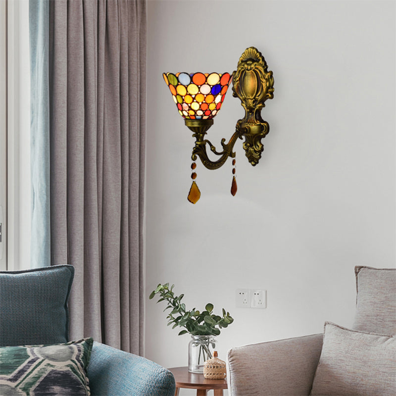 Glass Dot Bell Wall Light with Agate 1 Head Tiffany Moroccan Wall Sconce in Antique Brass for Stair Clearhalo 'Industrial' 'Middle century wall lights' 'Tiffany wall lights' 'Tiffany' 'Wall Lamps & Sconces' 'Wall Lights' Lighting' 179864
