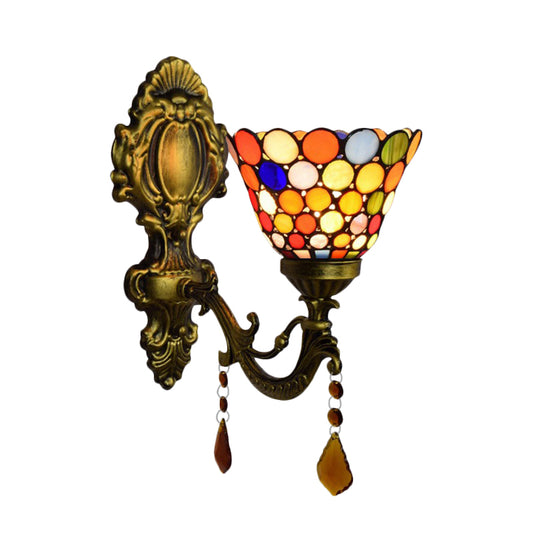 Glass Dot Bell Wall Light with Agate 1 Head Tiffany Moroccan Wall Sconce in Antique Brass for Stair Clearhalo 'Industrial' 'Middle century wall lights' 'Tiffany wall lights' 'Tiffany' 'Wall Lamps & Sconces' 'Wall Lights' Lighting' 179865