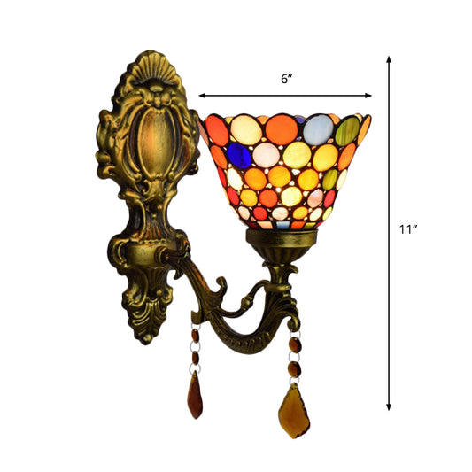 Glass Dot Bell Wall Light with Agate 1 Head Tiffany Moroccan Wall Sconce in Antique Brass for Stair Clearhalo 'Industrial' 'Middle century wall lights' 'Tiffany wall lights' 'Tiffany' 'Wall Lamps & Sconces' 'Wall Lights' Lighting' 179866