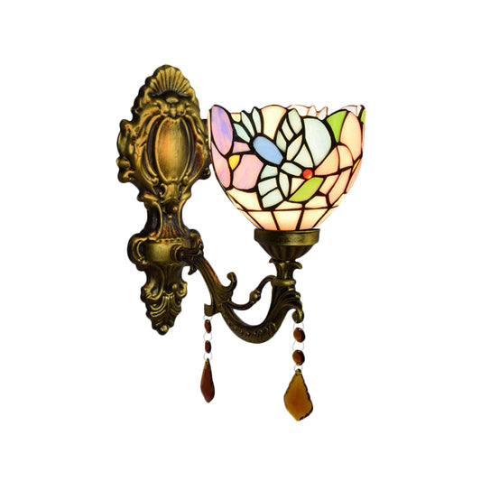 Bedroom Blossom Bird Wall Light Stained Glass 1 Head Wall Sconce with Agate Deco in Antique Brass Clearhalo 'Industrial' 'Middle century wall lights' 'Tiffany wall lights' 'Tiffany' 'Wall Lamps & Sconces' 'Wall Lights' Lighting' 179869