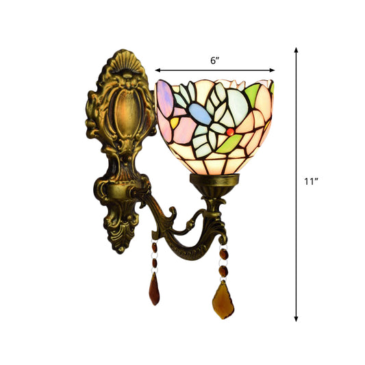 Bedroom Blossom Bird Wall Light Stained Glass 1 Head Wall Sconce with Agate Deco in Antique Brass Clearhalo 'Industrial' 'Middle century wall lights' 'Tiffany wall lights' 'Tiffany' 'Wall Lamps & Sconces' 'Wall Lights' Lighting' 179870