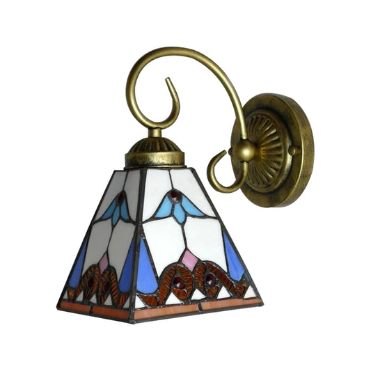 1 Head Pyramid Wall Light Fixture Tiffany Blue Stained Glass Sconce Light with Scrolling Arm Clearhalo 'Industrial' 'Middle century wall lights' 'Tiffany wall lights' 'Tiffany' 'Wall Lamps & Sconces' 'Wall Lights' Lighting' 179878
