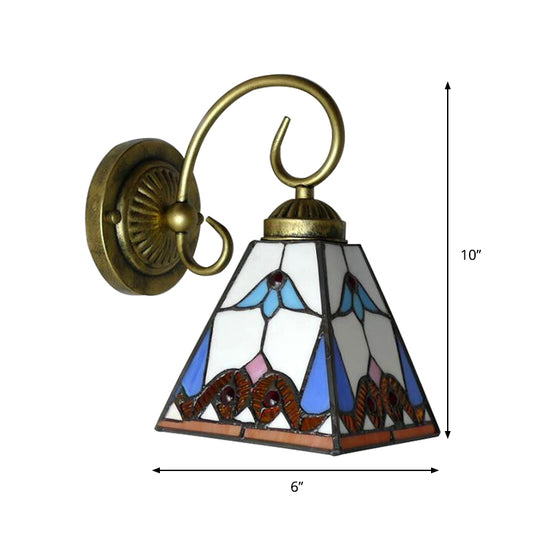 1 Head Pyramid Wall Light Fixture Tiffany Blue Stained Glass Sconce Light with Scrolling Arm Clearhalo 'Industrial' 'Middle century wall lights' 'Tiffany wall lights' 'Tiffany' 'Wall Lamps & Sconces' 'Wall Lights' Lighting' 179879