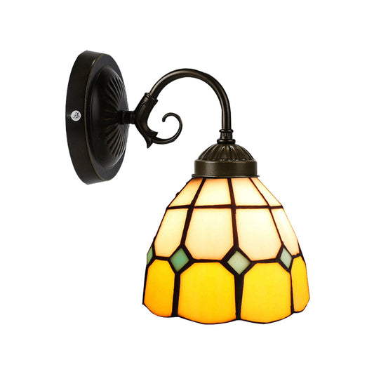 Art Glass Grid Dome Wall Light Gallery 1 Head Tiffany Classic Wall Sconce in Yellow for Bedroom Clearhalo 'Industrial' 'Middle century wall lights' 'Tiffany wall lights' 'Tiffany' 'Wall Lamps & Sconces' 'Wall Lights' Lighting' 179886