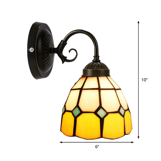 Art Glass Grid Dome Wall Light Gallery 1 Head Tiffany Classic Wall Sconce in Yellow for Bedroom Clearhalo 'Industrial' 'Middle century wall lights' 'Tiffany wall lights' 'Tiffany' 'Wall Lamps & Sconces' 'Wall Lights' Lighting' 179887