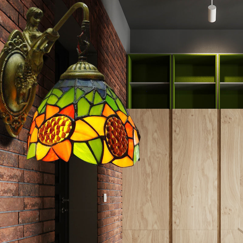 Orange Glass Sunflower Sconce Light Tiffany 1 Head Antique Brass Wall Mounted Light Fixture Orange Clearhalo 'Industrial' 'Middle century wall lights' 'Tiffany wall lights' 'Tiffany' 'Wall Lamps & Sconces' 'Wall Lights' Lighting' 179895