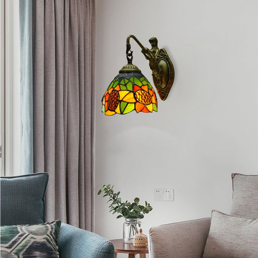 Orange Glass Sunflower Sconce Light Tiffany 1 Head Antique Brass Wall Mounted Light Fixture Clearhalo 'Industrial' 'Middle century wall lights' 'Tiffany wall lights' 'Tiffany' 'Wall Lamps & Sconces' 'Wall Lights' Lighting' 179896