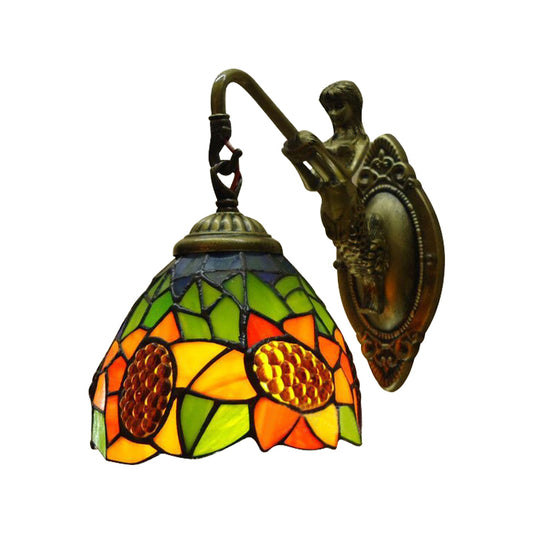 Orange Glass Sunflower Sconce Light Tiffany 1 Head Antique Brass Wall Mounted Light Fixture Clearhalo 'Industrial' 'Middle century wall lights' 'Tiffany wall lights' 'Tiffany' 'Wall Lamps & Sconces' 'Wall Lights' Lighting' 179897
