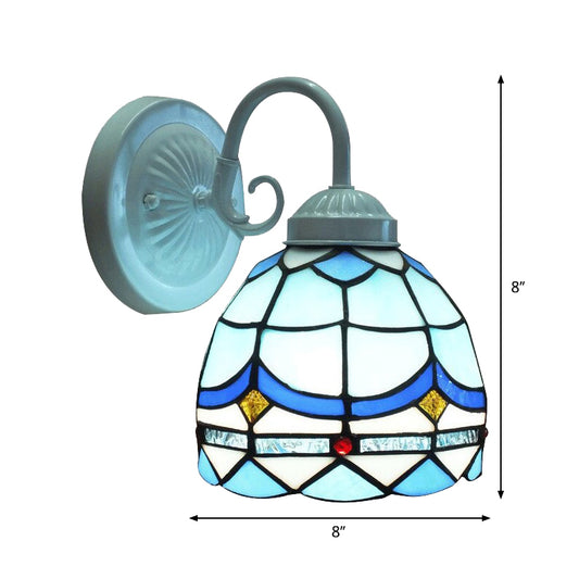 Tiffany Domed Small Wall Light Stained Glass 1 Head Blue Wall Sconce in White Finish for Living Room Clearhalo 'Industrial' 'Middle century wall lights' 'Tiffany wall lights' 'Tiffany' 'Wall Lamps & Sconces' 'Wall Lights' Lighting' 179906
