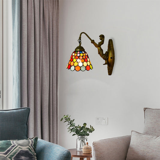 Antique Brass 1 Head Wall Light Fixture Tiffany Multicolor Stained Glass Flared Sconce Light Clearhalo 'Industrial' 'Middle century wall lights' 'Tiffany wall lights' 'Tiffany' 'Wall Lamps & Sconces' 'Wall Lights' Lighting' 179908