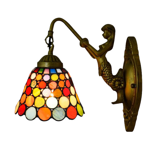 Antique Brass 1 Head Wall Light Fixture Tiffany Multicolor Stained Glass Flared Sconce Light Clearhalo 'Industrial' 'Middle century wall lights' 'Tiffany wall lights' 'Tiffany' 'Wall Lamps & Sconces' 'Wall Lights' Lighting' 179909