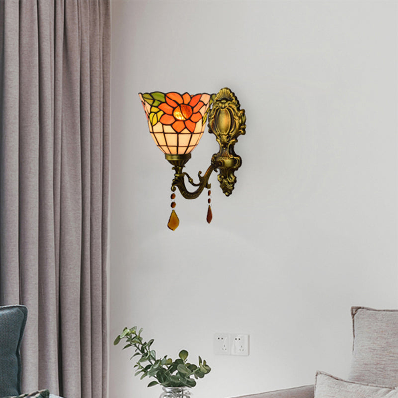 Bowl Wall Sconce Lamps Tiffany Stained Glass 1 Bulb Floral Wall Sconce Lights with Crystal in Orange Clearhalo 'Industrial' 'Middle century wall lights' 'Tiffany wall lights' 'Tiffany' 'Wall Lamps & Sconces' 'Wall Lights' Lighting' 179919