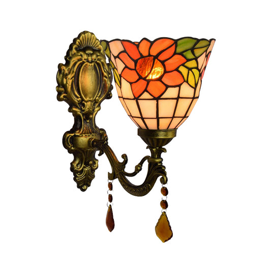 Bowl Wall Sconce Lamps Tiffany Stained Glass 1 Bulb Floral Wall Sconce Lights with Crystal in Orange Clearhalo 'Industrial' 'Middle century wall lights' 'Tiffany wall lights' 'Tiffany' 'Wall Lamps & Sconces' 'Wall Lights' Lighting' 179920