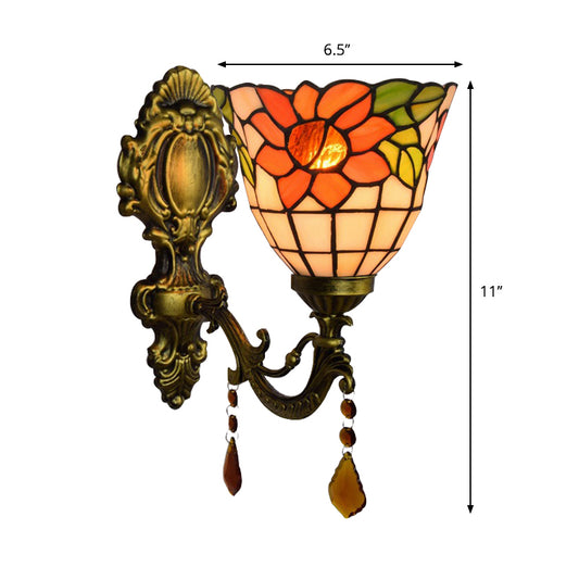 Bowl Wall Sconce Lamps Tiffany Stained Glass 1 Bulb Floral Wall Sconce Lights with Crystal in Orange Clearhalo 'Industrial' 'Middle century wall lights' 'Tiffany wall lights' 'Tiffany' 'Wall Lamps & Sconces' 'Wall Lights' Lighting' 179921