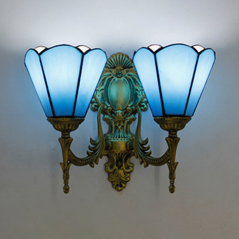 Blue Glass Cone Wall Sconce Lighting Traditional Double Wall Mount Light for Dining Room Clearhalo 'Industrial' 'Middle century wall lights' 'Tiffany wall lights' 'Tiffany' 'Wall Lamps & Sconces' 'Wall Lights' Lighting' 179923