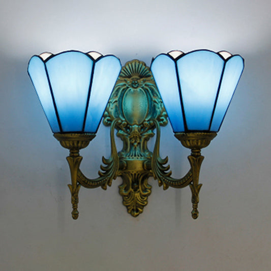 Blue Glass Cone Wall Sconce Lighting Traditional Double Wall Mount Light for Dining Room Clearhalo 'Industrial' 'Middle century wall lights' 'Tiffany wall lights' 'Tiffany' 'Wall Lamps & Sconces' 'Wall Lights' Lighting' 179923