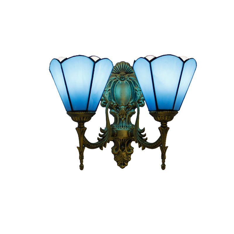 Blue Glass Cone Wall Sconce Lighting Traditional Double Wall Mount Light for Dining Room Clearhalo 'Industrial' 'Middle century wall lights' 'Tiffany wall lights' 'Tiffany' 'Wall Lamps & Sconces' 'Wall Lights' Lighting' 179924