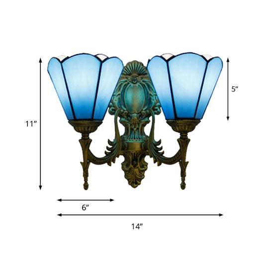 Blue Glass Cone Wall Sconce Lighting Traditional Double Wall Mount Light for Dining Room Clearhalo 'Industrial' 'Middle century wall lights' 'Tiffany wall lights' 'Tiffany' 'Wall Lamps & Sconces' 'Wall Lights' Lighting' 179925