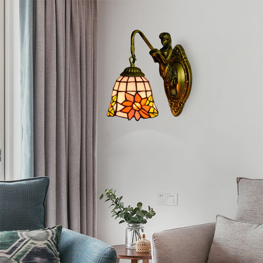 Sunflower Sconce Light Tiffany Orange Glass 1 Head Living Room Wall Mounted Light with Mermaid Backplate Clearhalo 'Industrial' 'Middle century wall lights' 'Tiffany wall lights' 'Tiffany' 'Wall Lamps & Sconces' 'Wall Lights' Lighting' 179927