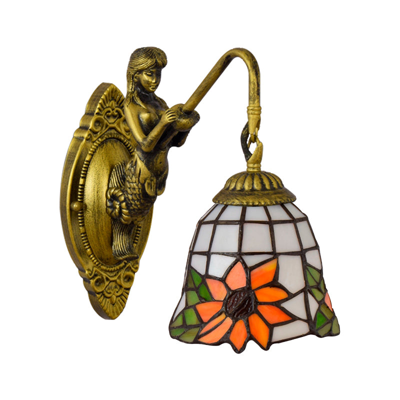 Sunflower Sconce Light Tiffany Orange Glass 1 Head Living Room Wall Mounted Light with Mermaid Backplate Clearhalo 'Industrial' 'Middle century wall lights' 'Tiffany wall lights' 'Tiffany' 'Wall Lamps & Sconces' 'Wall Lights' Lighting' 179928