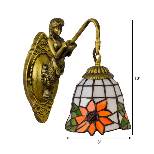 Sunflower Sconce Light Tiffany Orange Glass 1 Head Living Room Wall Mounted Light with Mermaid Backplate Clearhalo 'Industrial' 'Middle century wall lights' 'Tiffany wall lights' 'Tiffany' 'Wall Lamps & Sconces' 'Wall Lights' Lighting' 179929