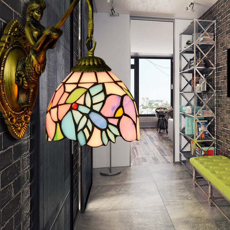 Blue-Pink Bowl Sconce Light Tiffany 1 Head Multicolor Stained Glass Wall Mounted Light Blue-Pink Clearhalo 'Industrial' 'Middle century wall lights' 'Tiffany wall lights' 'Tiffany' 'Wall Lamps & Sconces' 'Wall Lights' Lighting' 179930