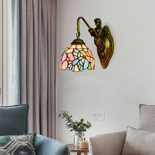 Blue-Pink Bowl Sconce Light Tiffany 1 Head Multicolor Stained Glass Wall Mounted Light Clearhalo 'Industrial' 'Middle century wall lights' 'Tiffany wall lights' 'Tiffany' 'Wall Lamps & Sconces' 'Wall Lights' Lighting' 179931