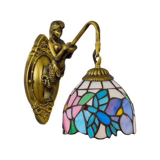 Blue-Pink Bowl Sconce Light Tiffany 1 Head Multicolor Stained Glass Wall Mounted Light Clearhalo 'Industrial' 'Middle century wall lights' 'Tiffany wall lights' 'Tiffany' 'Wall Lamps & Sconces' 'Wall Lights' Lighting' 179932