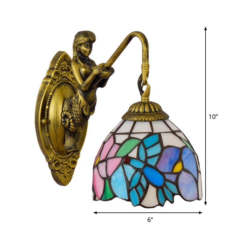 Blue-Pink Bowl Sconce Light Tiffany 1 Head Multicolor Stained Glass Wall Mounted Light Clearhalo 'Industrial' 'Middle century wall lights' 'Tiffany wall lights' 'Tiffany' 'Wall Lamps & Sconces' 'Wall Lights' Lighting' 179933