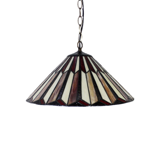 Brown Conical Hanging Pendant Light Tiffany 1 Bulb Stained Art Glass Ceiling Hang Fixture for Living Room
