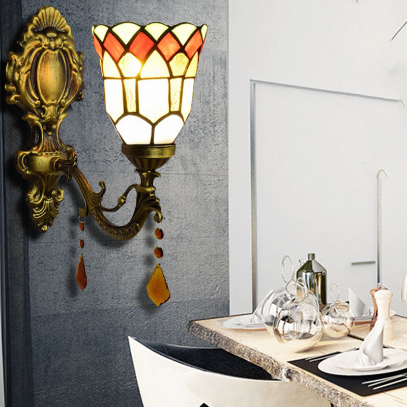 1 Light Small Bell Sconce Light Tiffany Stained Glass Wall Sconce with Agate for Study Room Yellow Clearhalo 'Industrial' 'Middle century wall lights' 'Tiffany wall lights' 'Tiffany' 'Wall Lamps & Sconces' 'Wall Lights' Lighting' 179939