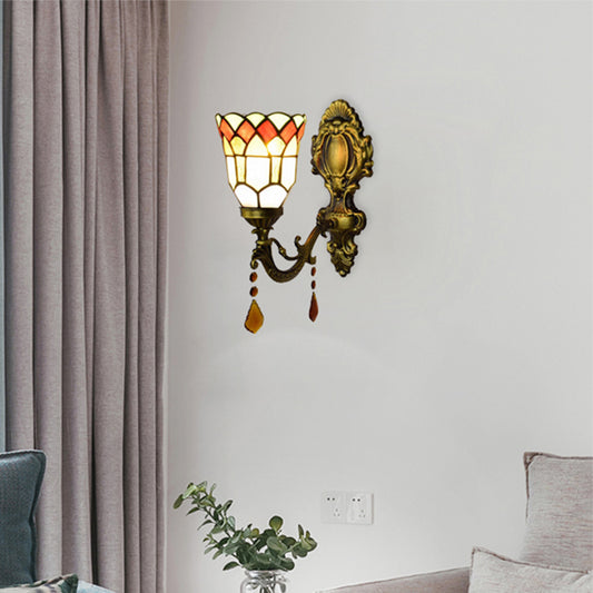 1 Light Small Bell Sconce Light Tiffany Stained Glass Wall Sconce with Agate for Study Room Clearhalo 'Industrial' 'Middle century wall lights' 'Tiffany wall lights' 'Tiffany' 'Wall Lamps & Sconces' 'Wall Lights' Lighting' 179940