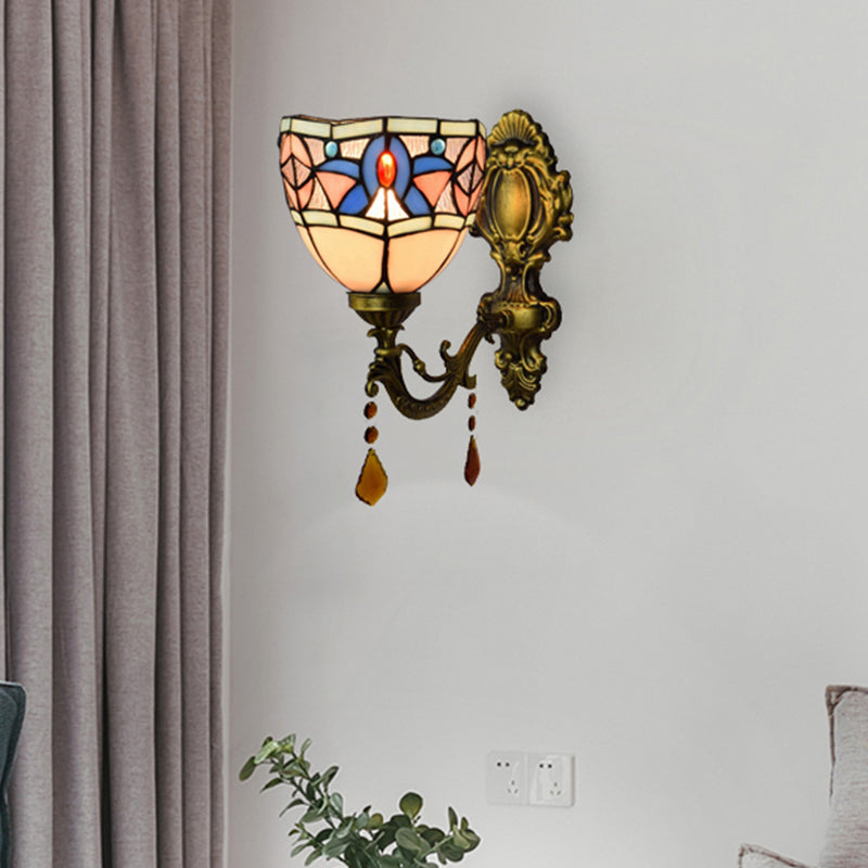 Stained Glass Bowl Wall Sconce Bedroom 1 Bulb Tiffany Classic Wall Lamp in White with Agate Clearhalo 'Industrial' 'Middle century wall lights' 'Tiffany wall lights' 'Tiffany' 'Wall Lamps & Sconces' 'Wall Lights' Lighting' 179944