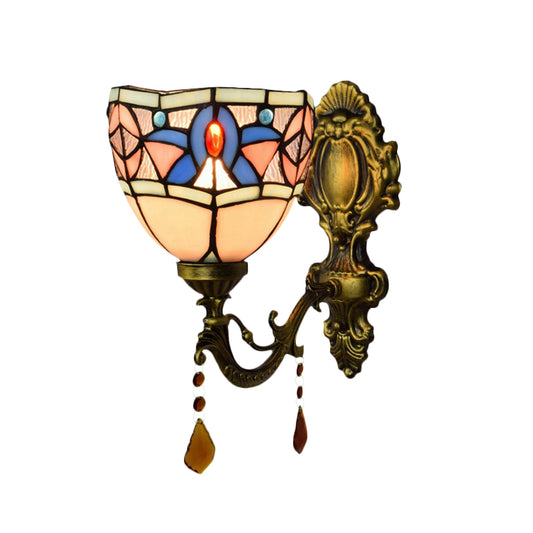 Stained Glass Bowl Wall Sconce Bedroom 1 Bulb Tiffany Classic Wall Lamp in White with Agate Clearhalo 'Industrial' 'Middle century wall lights' 'Tiffany wall lights' 'Tiffany' 'Wall Lamps & Sconces' 'Wall Lights' Lighting' 179945