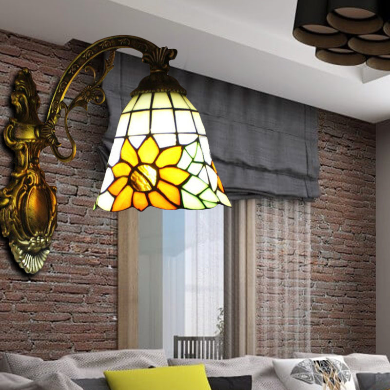 Yellow Glass Bell Shade Wall Light with Sunflower and Carved Arm 1 Bulb Rustic Sconce for Villa Yellow Clearhalo 'Industrial' 'Middle century wall lights' 'Tiffany wall lights' 'Tiffany' 'Wall Lamps & Sconces' 'Wall Lights' Lighting' 179947