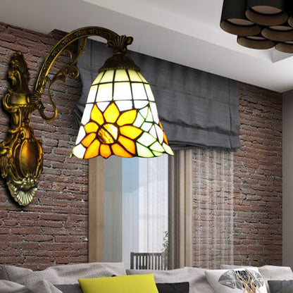 Yellow Glass Bell Shade Wall Light with Sunflower and Carved Arm 1 Bulb Rustic Sconce for Villa Yellow Clearhalo 'Industrial' 'Middle century wall lights' 'Tiffany wall lights' 'Tiffany' 'Wall Lamps & Sconces' 'Wall Lights' Lighting' 179947