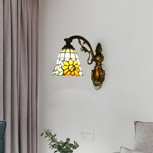 Yellow Glass Bell Shade Wall Light with Sunflower and Carved Arm 1 Bulb Rustic Sconce for Villa Clearhalo 'Industrial' 'Middle century wall lights' 'Tiffany wall lights' 'Tiffany' 'Wall Lamps & Sconces' 'Wall Lights' Lighting' 179948