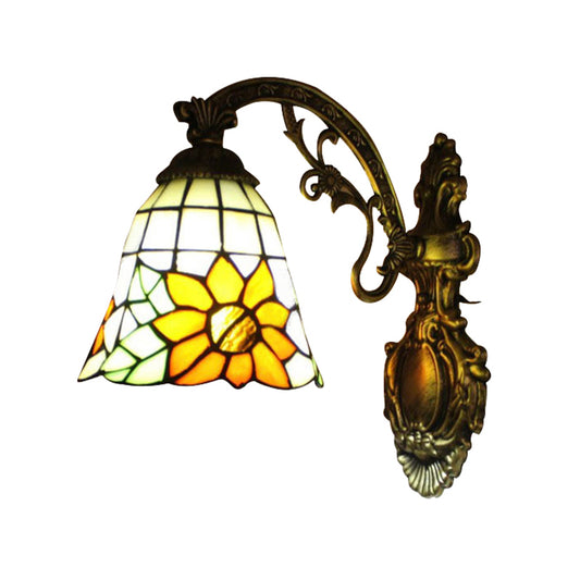 Yellow Glass Bell Shade Wall Light with Sunflower and Carved Arm 1 Bulb Rustic Sconce for Villa Clearhalo 'Industrial' 'Middle century wall lights' 'Tiffany wall lights' 'Tiffany' 'Wall Lamps & Sconces' 'Wall Lights' Lighting' 179949