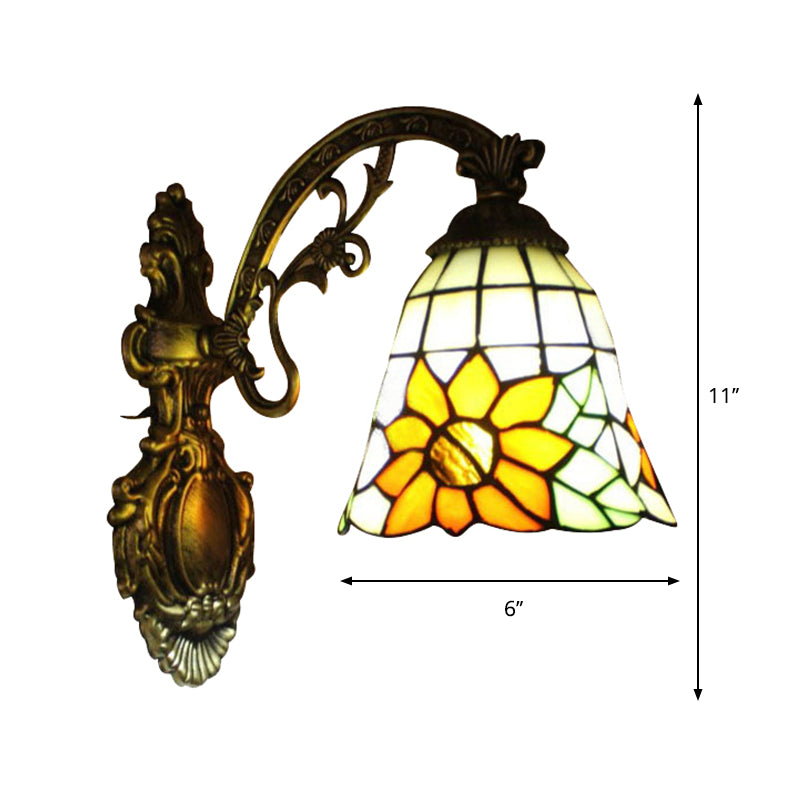 Yellow Glass Bell Shade Wall Light with Sunflower and Carved Arm 1 Bulb Rustic Sconce for Villa Clearhalo 'Industrial' 'Middle century wall lights' 'Tiffany wall lights' 'Tiffany' 'Wall Lamps & Sconces' 'Wall Lights' Lighting' 179950