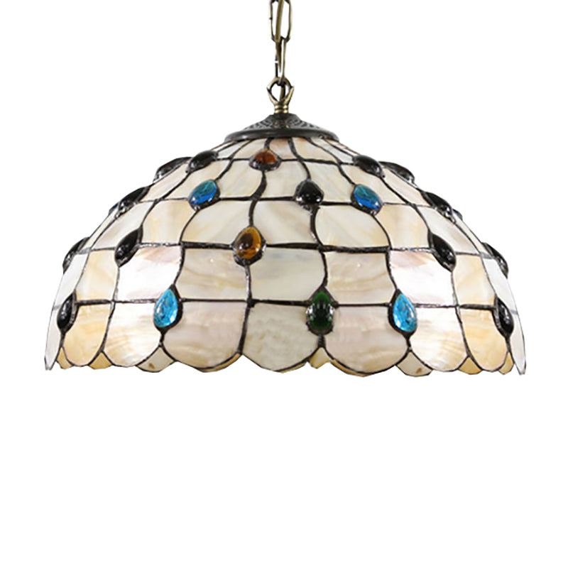 16"/19.5" W Stained Glass Bowl Drop Lamp Tiffany-Style 2 Heads Beige Pendant Lighting Fixture with Cabochons Gemstone Clearhalo 'Ceiling Lights' 'Close To Ceiling Lights' 'Industrial' 'Middle Century Pendants' 'Pendant Lights' 'Pendants' 'Tiffany close to ceiling' 'Tiffany Pendants' 'Tiffany' Lighting' 179954
