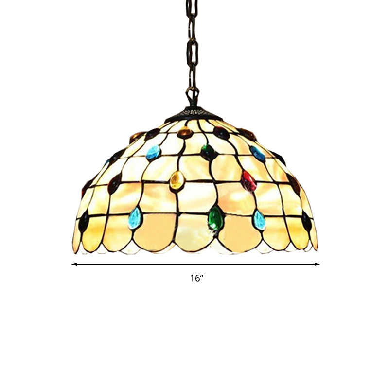 16"/19.5" W Stained Glass Bowl Drop Lamp Tiffany-Style 2 Heads Beige Pendant Lighting Fixture with Cabochons Gemstone Clearhalo 'Ceiling Lights' 'Close To Ceiling Lights' 'Industrial' 'Middle Century Pendants' 'Pendant Lights' 'Pendants' 'Tiffany close to ceiling' 'Tiffany Pendants' 'Tiffany' Lighting' 179955