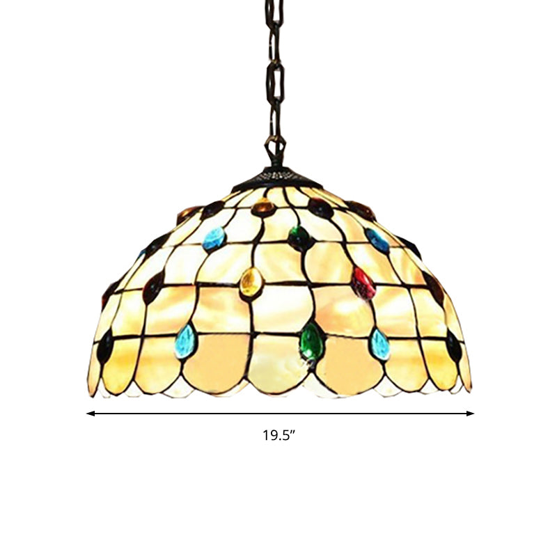 16"/19.5" W Stained Glass Bowl Drop Lamp Tiffany-Style 2 Heads Beige Pendant Lighting Fixture with Cabochons Gemstone Clearhalo 'Ceiling Lights' 'Close To Ceiling Lights' 'Industrial' 'Middle Century Pendants' 'Pendant Lights' 'Pendants' 'Tiffany close to ceiling' 'Tiffany Pendants' 'Tiffany' Lighting' 179956