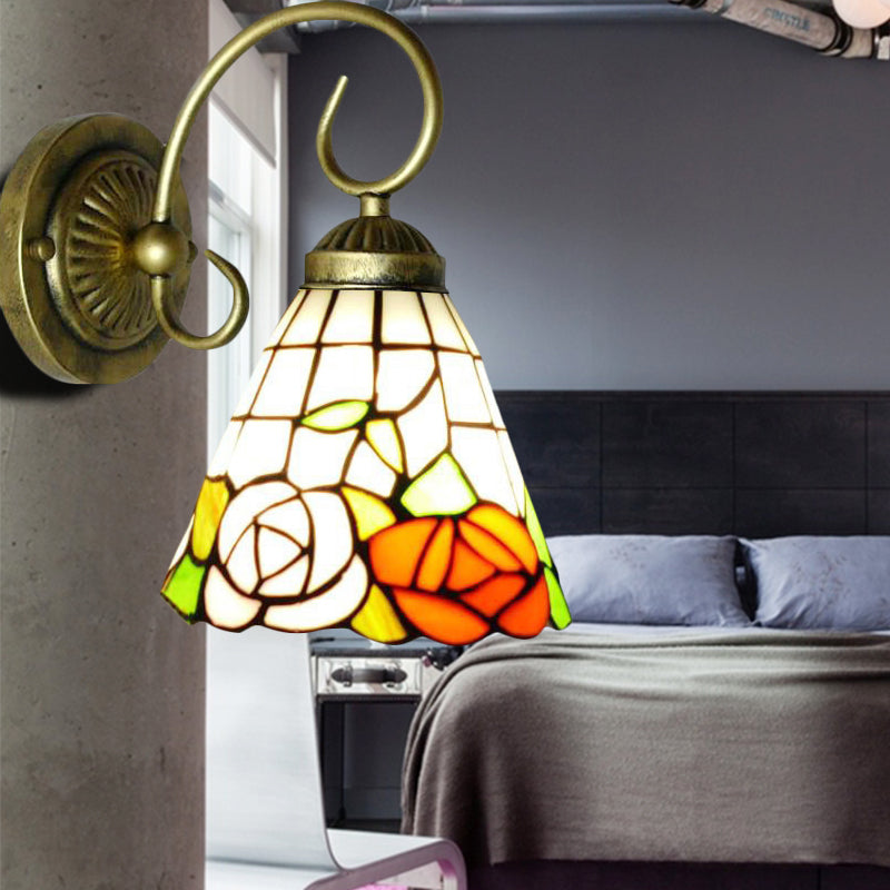 Rose Stained Glass Wall Light Fixture Tiffany 1 Head Antique Bronze Sconce Lighting Antique Bronze Clearhalo 'Industrial' 'Middle century wall lights' 'Tiffany wall lights' 'Tiffany' 'Wall Lamps & Sconces' 'Wall Lights' Lighting' 179957
