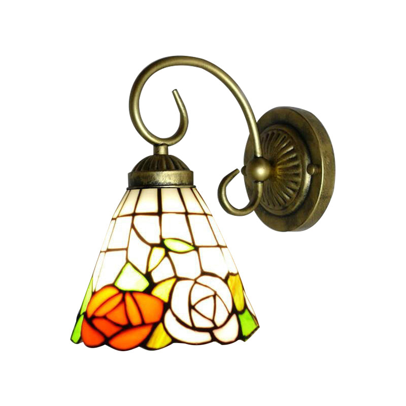 Rose Stained Glass Wall Light Fixture Tiffany 1 Head Antique Bronze Sconce Lighting Clearhalo 'Industrial' 'Middle century wall lights' 'Tiffany wall lights' 'Tiffany' 'Wall Lamps & Sconces' 'Wall Lights' Lighting' 179959