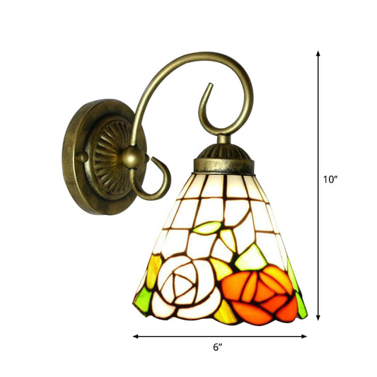 Rose Stained Glass Wall Light Fixture Tiffany 1 Head Antique Bronze Sconce Lighting Clearhalo 'Industrial' 'Middle century wall lights' 'Tiffany wall lights' 'Tiffany' 'Wall Lamps & Sconces' 'Wall Lights' Lighting' 179960